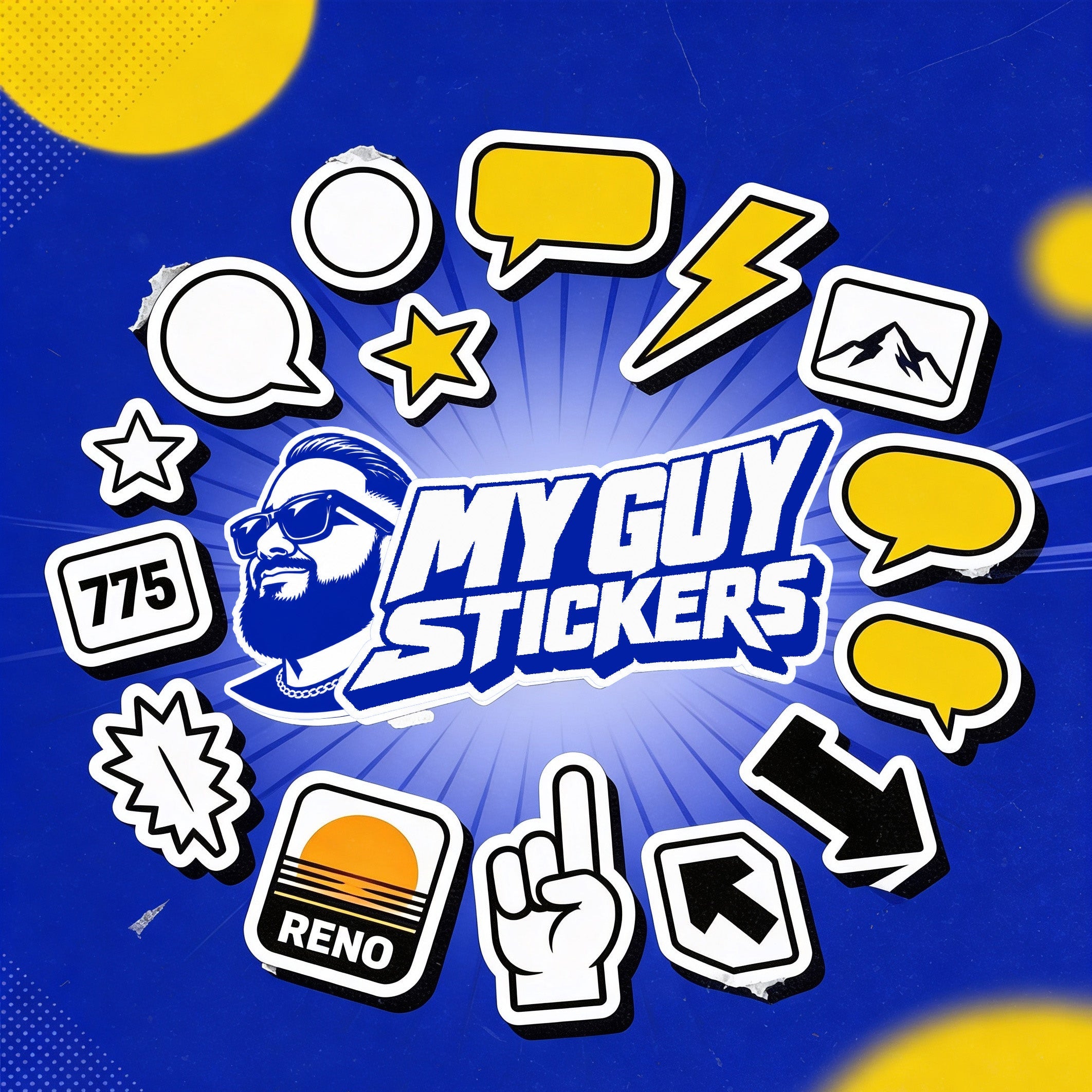 Promotional graphic for 'My Guy Stickers' with various sticker designs and branding elements.